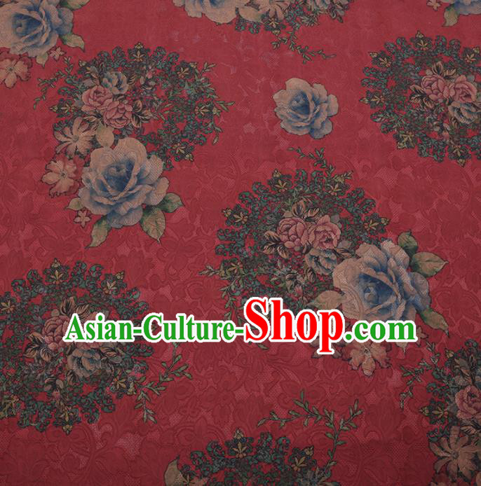 Traditional Chinese Classical Roses Pattern Design Red Gambiered Guangdong Gauze Asian Brocade Silk Fabric