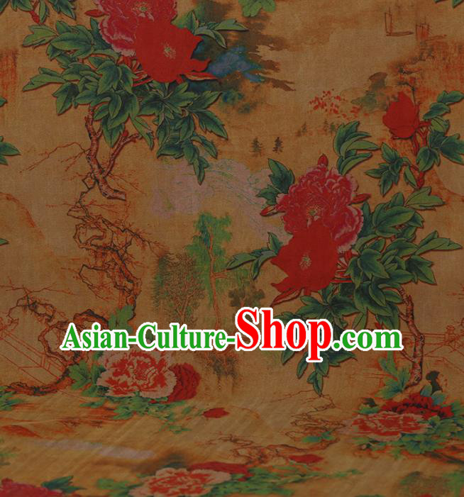 Traditional Chinese Classical Peony Pattern Design Yellow Gambiered Guangdong Gauze Asian Brocade Silk Fabric