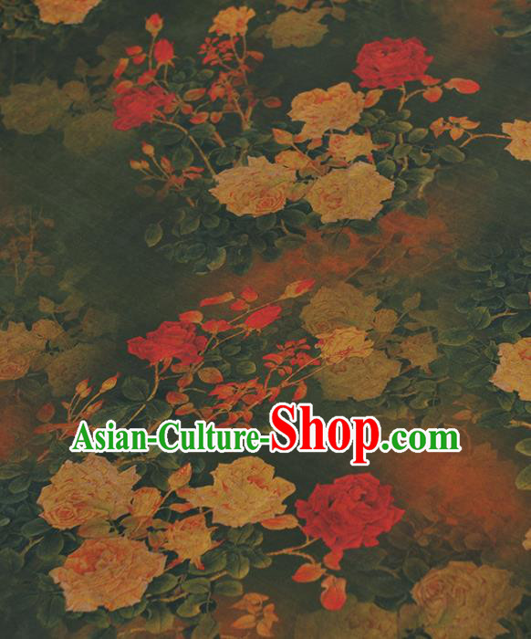 Chinese Traditional Classical Roses Pattern Design Green Gambiered Guangdong Gauze Asian Brocade Silk Fabric