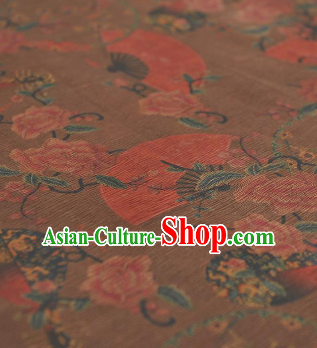 Chinese Traditional Classical Peony Fan Pattern Design Khaki Gambiered Guangdong Gauze Asian Brocade Silk Fabric