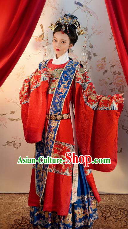 Chinese Ancient Ming Dynasty Red Hanfu Dress Traditional Wedding Queen Embroidered Replica Costume for Women