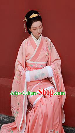 Chinese Ancient Han Dynasty Imperial Consort Pink Hanfu Dress Traditional Court Lady Embroidered Replica Costume for Women