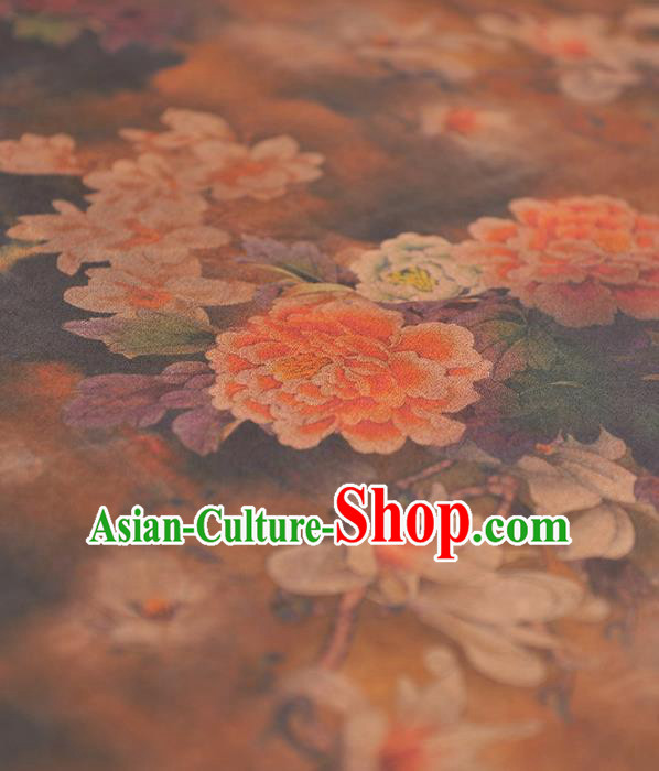 Chinese Traditional Classical Peony Pattern Design Brown Gambiered Guangdong Gauze Asian Brocade Silk Fabric