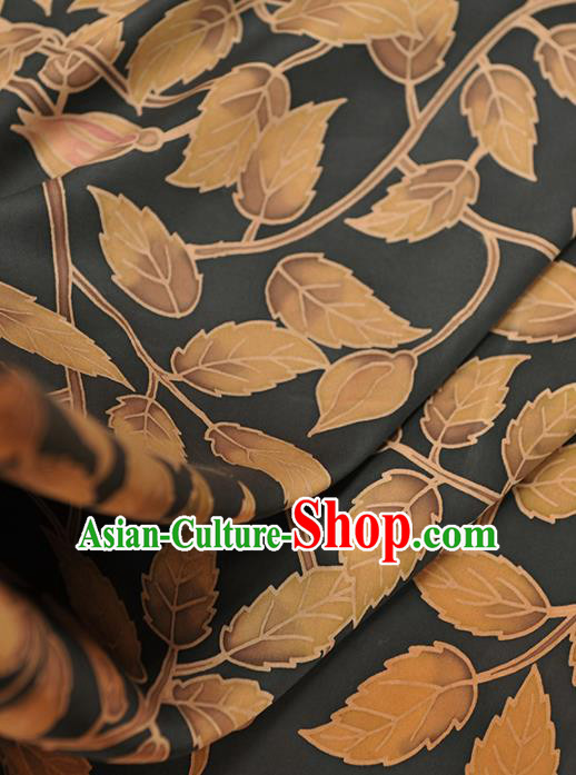 Chinese Traditional Classical Leaf Pattern Design Black Gambiered Guangdong Gauze Asian Brocade Silk Fabric