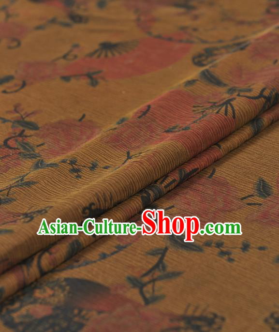 Chinese Traditional Classical Fan Pattern Design Yellow Gambiered Guangdong Gauze Asian Brocade Silk Fabric