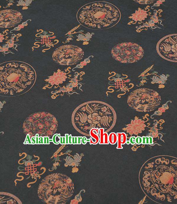 Chinese Traditional Phoenix Peony Pattern Design Black Gambiered Guangdong Gauze Asian Brocade Silk Fabric