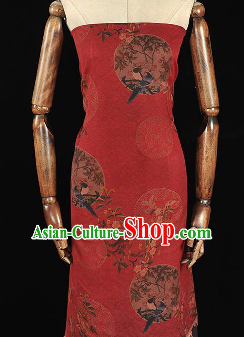 Chinese Traditional Magpie Pattern Design Red Gambiered Guangdong Gauze Asian Brocade Silk Fabric