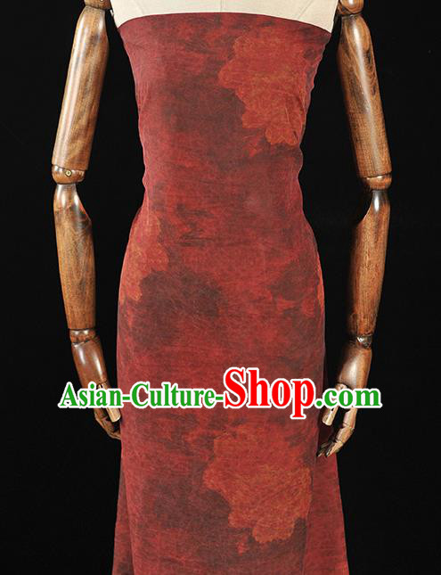Chinese Traditional Peony Flowers Pattern Design Brown Red Gambiered Guangdong Gauze Asian Brocade Silk Fabric