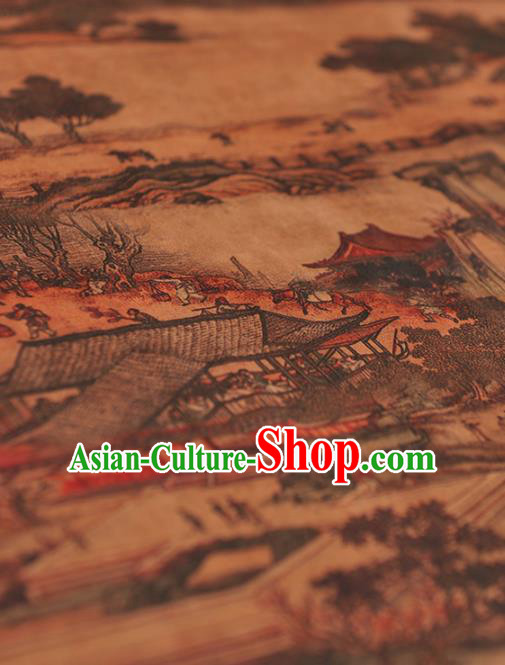 Chinese Traditional View Pattern Design Yellow Gambiered Guangdong Gauze Asian Brocade Silk Fabric