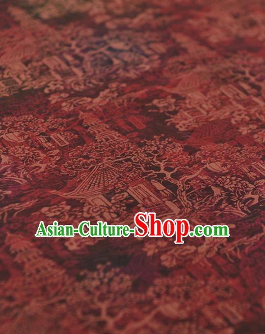 Chinese Traditional Tower Pattern Design Wine Red Gambiered Guangdong Gauze Asian Brocade Silk Fabric