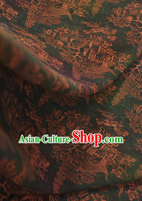 Chinese Traditional Tower Pattern Design Green Gambiered Guangdong Gauze Asian Brocade Silk Fabric