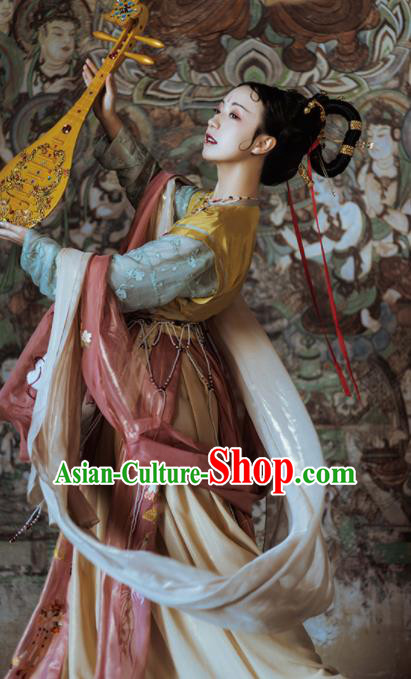 Chinese Ancient Tang Dynasty Court Princess Hanfu Dress Traditional Mythology Goddess Dance Embroidered Replica Costume for Women