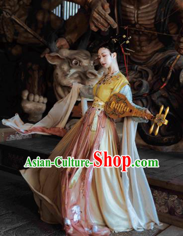 Chinese Ancient Tang Dynasty Court Princess Hanfu Dress Traditional Mythology Goddess Dance Embroidered Replica Costume for Women