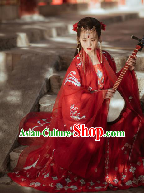 Chinese Ancient Tang Dynasty Wedding Red Hanfu Dress Traditional Bride Embroidered Replica Costume for Women