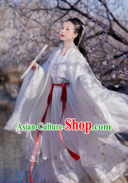 Chinese Ancient Tang Dynasty Princess White Hanfu Dress Traditional Court Lady Embroidered Replica Costume for Women