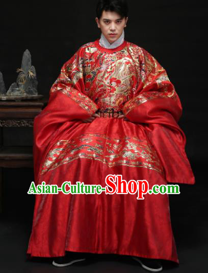 Chinese Ancient Ming Dynasty Bridegroom Hanfu Red Robe Traditional Wedding Embroidered Replica Costume for Men