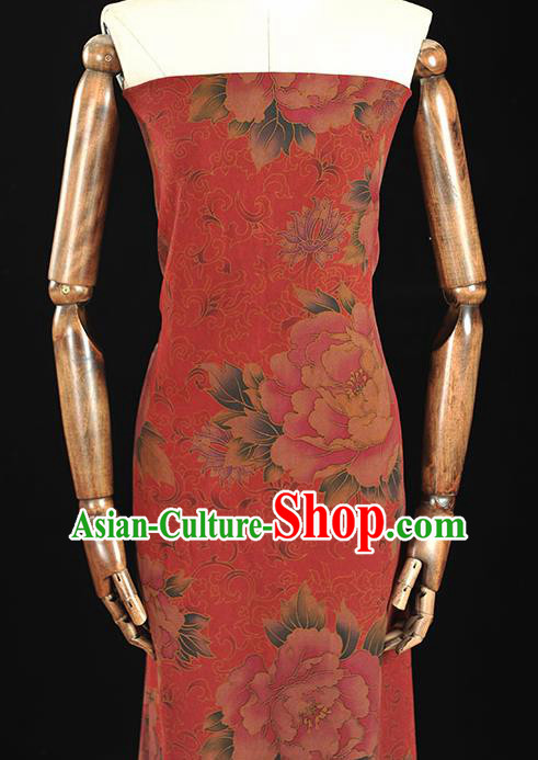 Chinese Traditional Peony Pattern Design Red Gambiered Guangdong Gauze Asian Brocade Silk Fabric