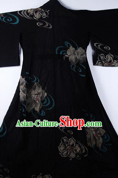 Asian Japanese Ceremony Classical Flowers Pattern Black Kimono Traditional Japan National Yukata Costume for Men