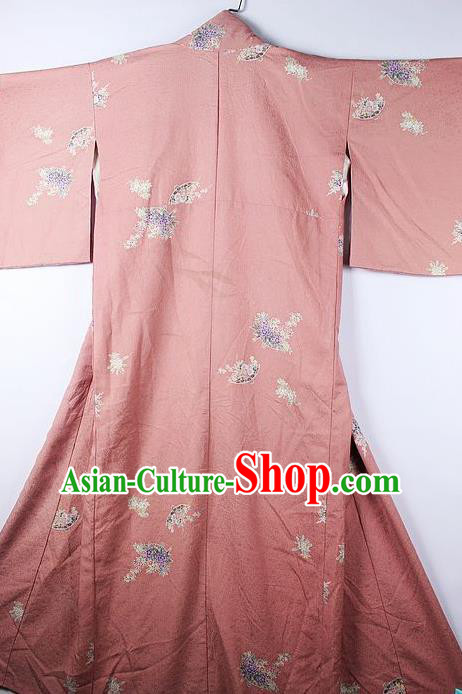 Asian Japanese National Printing Chrysanthemum Pink Furisode Kimono Ceremony Costume Traditional Japan Yukata Dress for Women