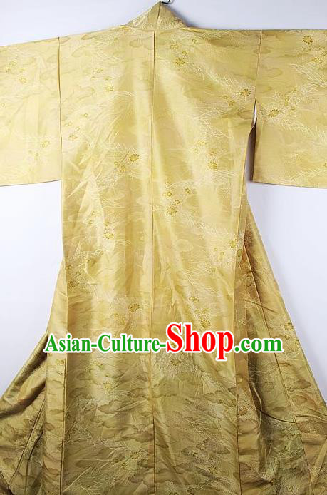 Asian Japanese National Printing Golden Furisode Kimono Ceremony Costume Traditional Japan Yukata Dress for Women