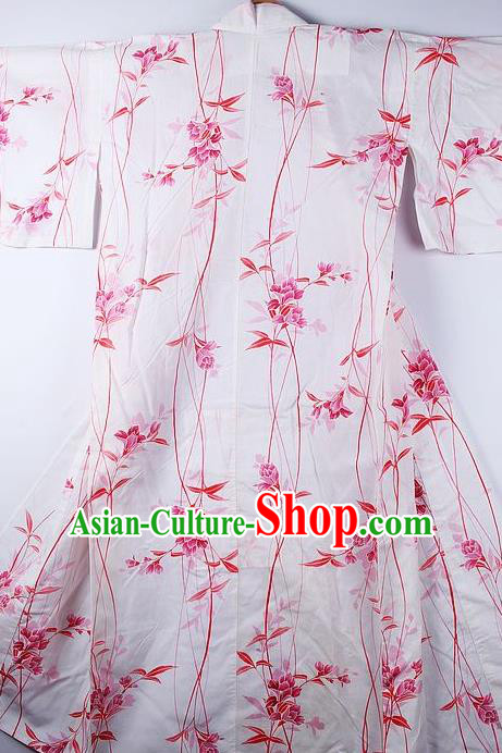 Asian Japanese National Printing Rosy Flowers Furisode Kimono Ceremony Costume Traditional Japan Yukata Dress for Women