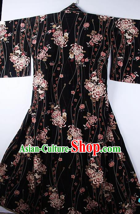 Asian Japanese Ceremony Printing Chrysanthemum Black Kimono Traditional Japan National Yukata Costume for Men