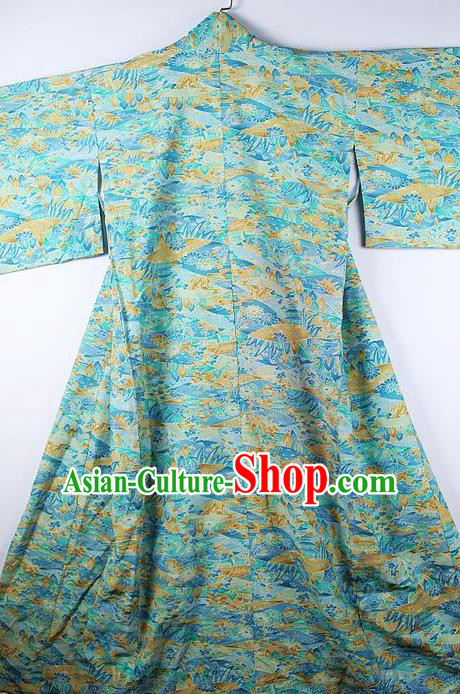 Asian Japanese Ceremony Clothing Classical Landscape Pattern Blue Kimono Traditional Japan National Yukata Costume for Men