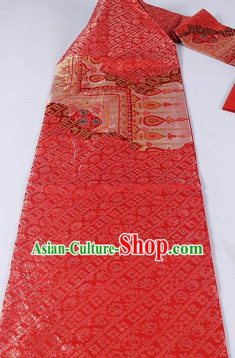 Asian Japanese Classical Sakura Pattern Red Brocade Waistband Kimono Accessories Traditional Yukata Belt for Women