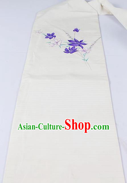 Asian Japanese Classical Orchid Pattern White Brocade Waistband Kimono Accessories Traditional Yukata Belt for Women