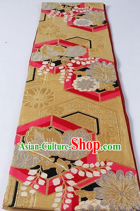 Asian Japanese Yukata Accessories Classical Daisy Pattern Golden Brocade Belt Japan Traditional Kimono Waistband for Women