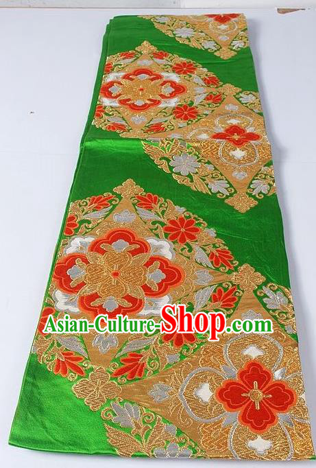 Asian Japanese Yukata Accessories Classical Flowers Pattern Green Brocade Belt Japan Traditional Kimono Waistband for Women