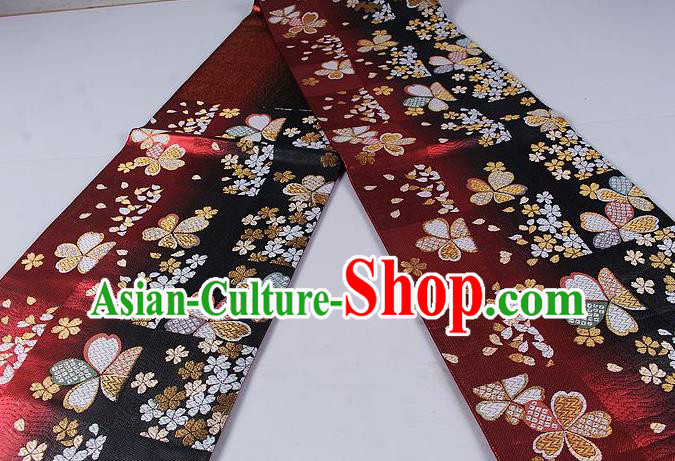 Asian Japanese Classical Sakura Pattern Purplish Red Brocade Waistband Kimono Accessories Traditional Yukata Belt for Women