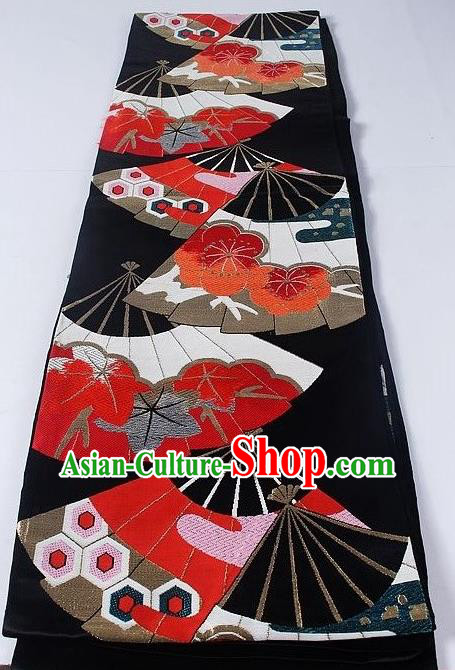 Asian Japanese Yukata Accessories Classical Fan Pattern Black Brocade Belt Japan Traditional Kimono Waistband for Women