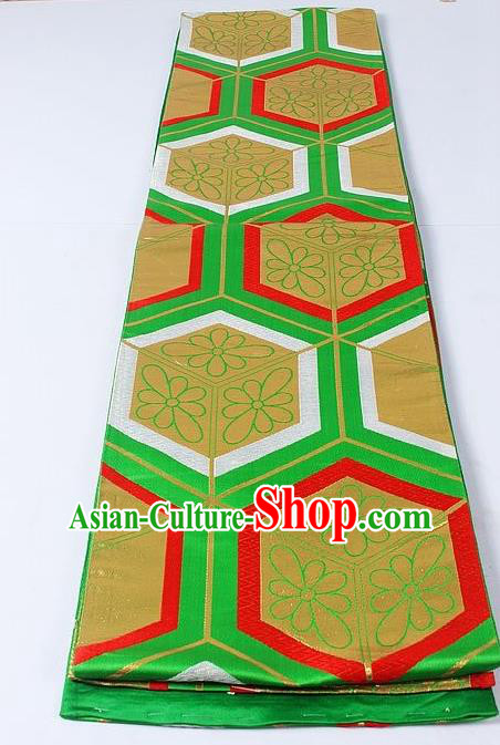 Asian Japanese Yukata Accessories Classical Hexagon Pattern Green Brocade Belt Japan Traditional Kimono Waistband for Women