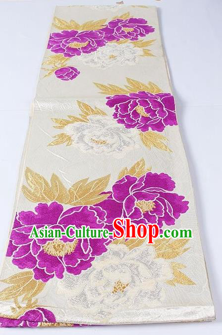 Asian Japanese Yukata Accessories Classical Purple Peony Pattern Brocade Belt Japan Traditional Kimono Waistband for Women