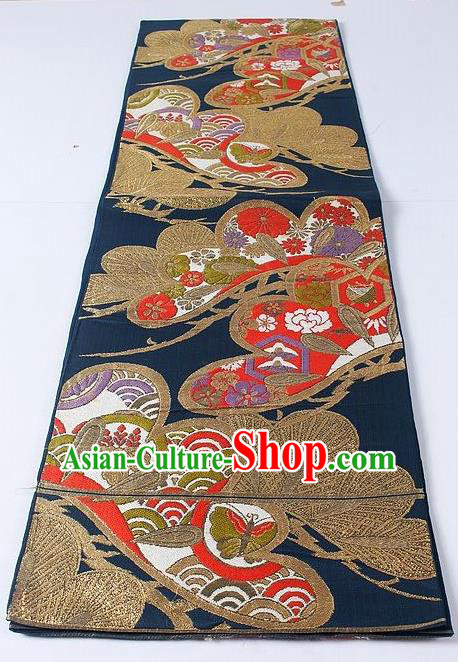 Asian Japanese Yukata Accessories Classical Pattern Navy Brocade Belt Japan Traditional Kimono Waistband for Women