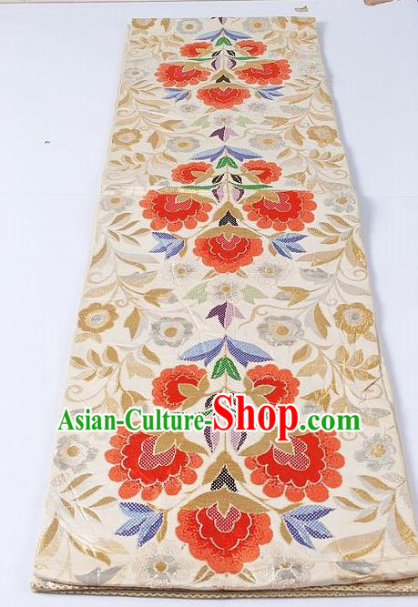 Asian Japanese Yukata Accessories Classical Peony Pattern Beige Brocade Belt Japan Traditional Kimono Waistband for Women