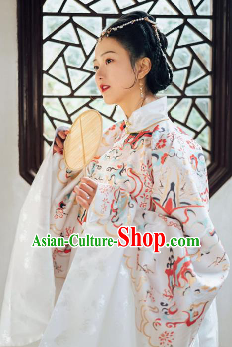 Chinese Ancient Ming Dynasty Court Queen White Hanfu Dress Traditional Empress Embroidered Replica Costume for Women