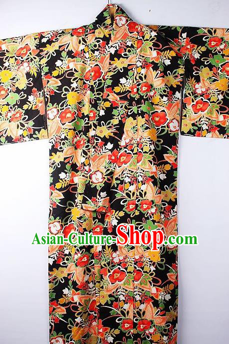 Asian Japanese Ceremony Clothing Classical Flowers Pattern Black Kimono Traditional Japan National Yukata Costume for Men