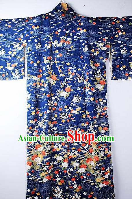 Asian Japanese Ceremony Clothing Classical Flowers Pattern Royalblue Kimono Traditional Japan National Yukata Costume for Men