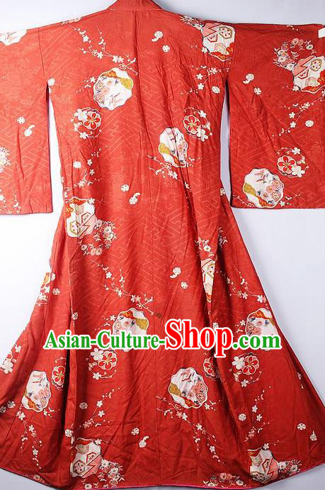 Asian Japanese National Printing Sakura Red Furisode Kimono Ceremony Costume Traditional Japan Yukata Dress for Women