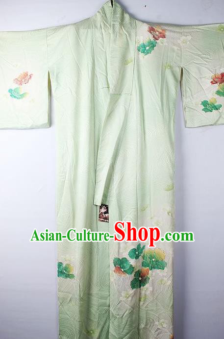 Asian Japanese National Printing Sakura Green Furisode Kimono Ceremony Costume Traditional Japan Yukata Dress for Women