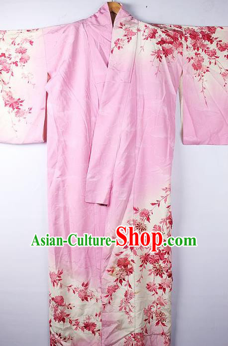 Asian Japanese National Printing Flowers Pink Furisode Kimono Ceremony Costume Traditional Japan Yukata Dress for Women