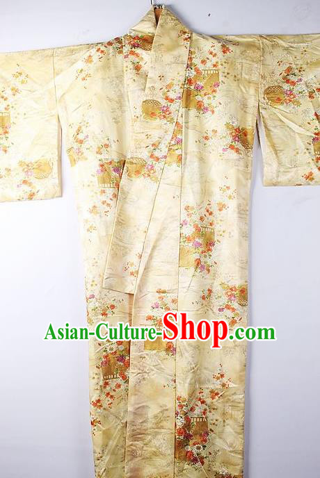 Asian Japanese National Printing Daisy Yellow Furisode Kimono Ceremony Costume Traditional Japan Yukata Dress for Women