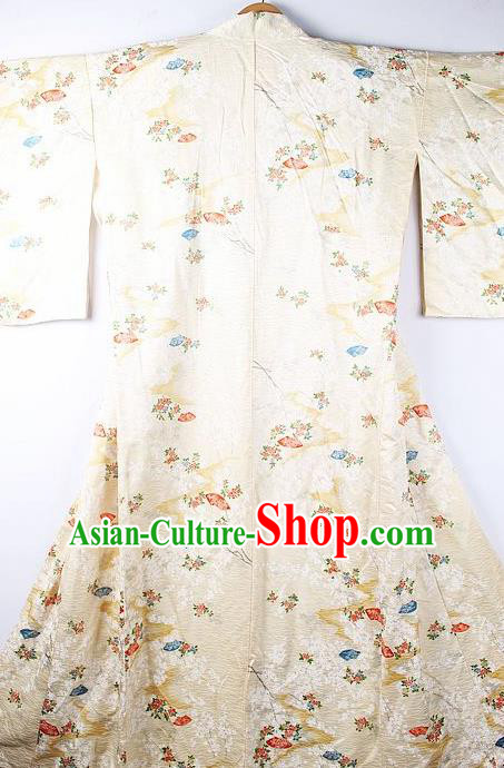 Asian Japanese National Printing Beige Furisode Kimono Ceremony Costume Traditional Japan Yukata Dress for Women