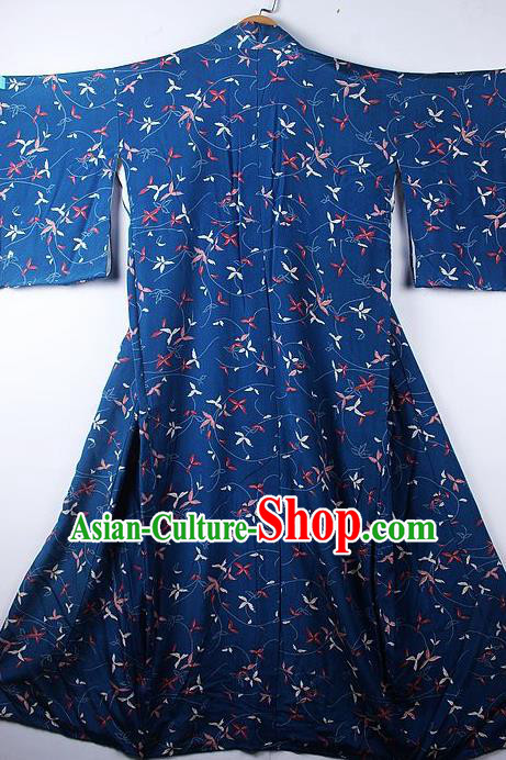 Asian Japanese Printing Deep Blue Furisode Kimono Ceremony Costume Traditional Japan Yukata Dress for Women