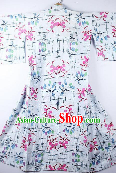 Asian Japanese Printing Cherry White Furisode Kimono Ceremony Costume Traditional Japan Yukata Dress for Women
