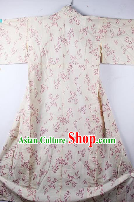 Asian Japanese Printing Bamboo Leaf Beige Furisode Kimono Ceremony Costume Traditional Japan Yukata Dress for Women