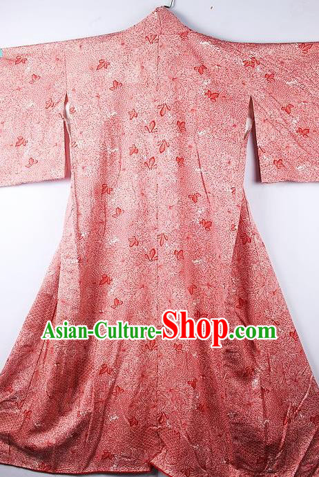 Asian Japanese Printing Butterfly Pink Furisode Kimono Ceremony Costume Traditional Japan Yukata Dress for Women