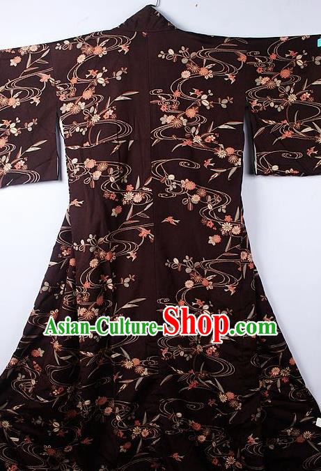 Asian Japanese Classical Flow Daisy Pattern Brown Furisode Kimono Ceremony Costume Traditional Japan Yukata Dress for Women